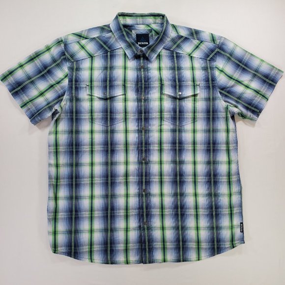 Prana Shirt Men XL Blue Green Madras Plaid Silver Snap Casual Button Up Western - Picture 1 of 15